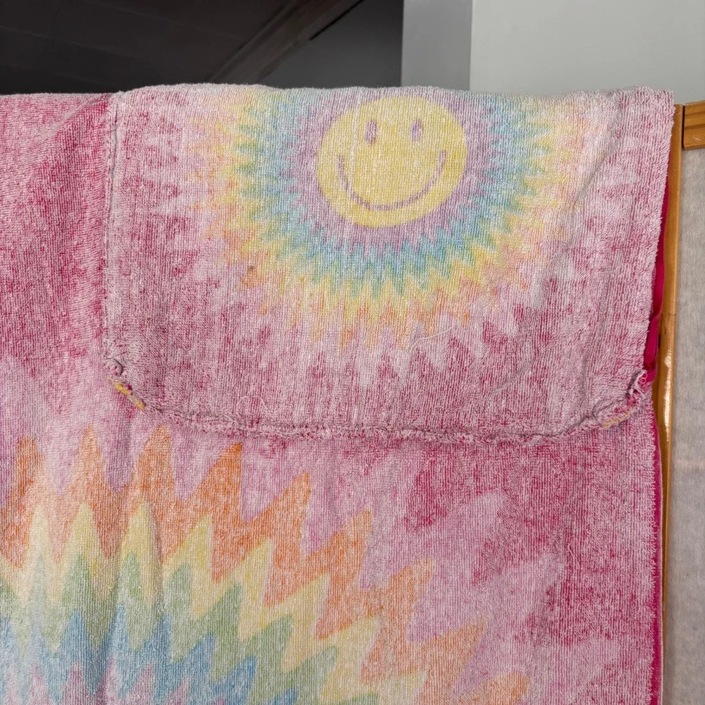 VTG Retro Groovy Rainbow Smiley Face Beach Towel Drawstring Bag‎ Pink 100 Cotton
